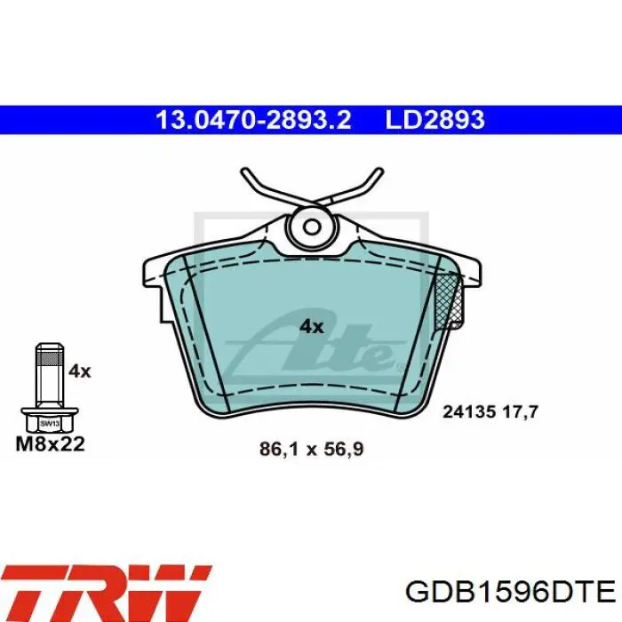 Купить GDB1596DTE TRW Колодки тормозные задние, дисковые
