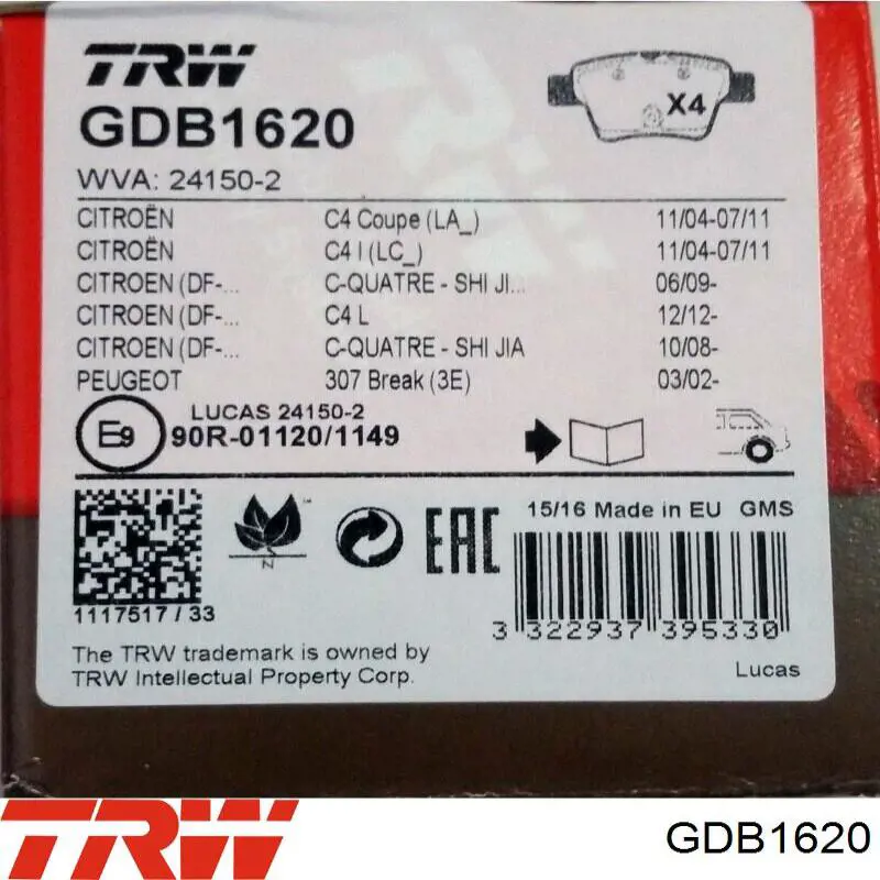 GDB1620 TRW Колодки тормозные дисковые комплект