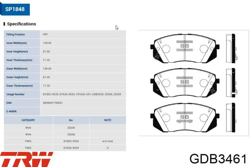 Передние тормозные колодки GDB3461 TRW
