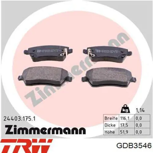 Купить GDB3546 TRW Колодки тормозные