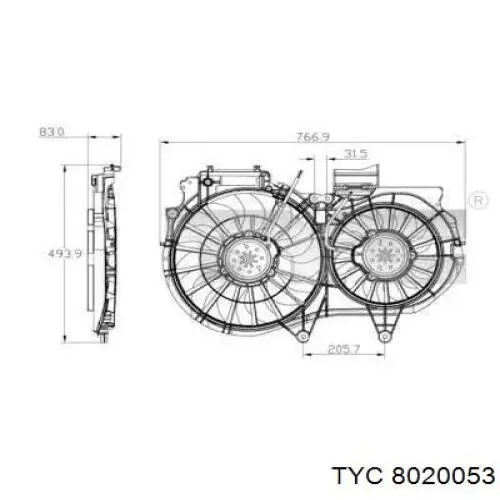 802-0053 TYC диффузор радиатора охлаждения, в сборе с мотором и крыльчаткой