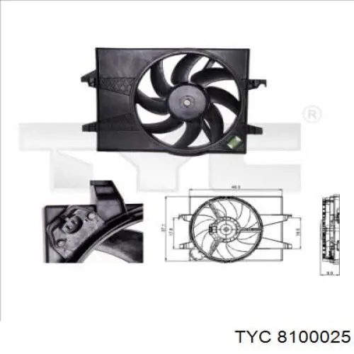 8100025 TYC диффузор радиатора охлаждения, в сборе с мотором и крыльчаткой