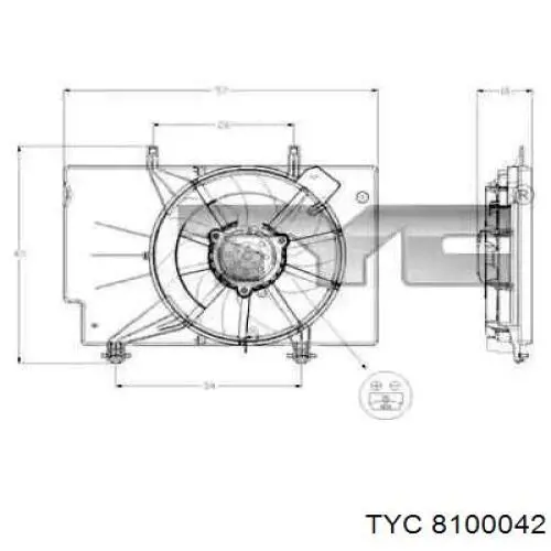 8100042 TYC диффузор радиатора охлаждения, в сборе с мотором и крыльчаткой
