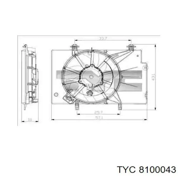 8100043 TYC диффузор радиатора охлаждения, в сборе с мотором и крыльчаткой