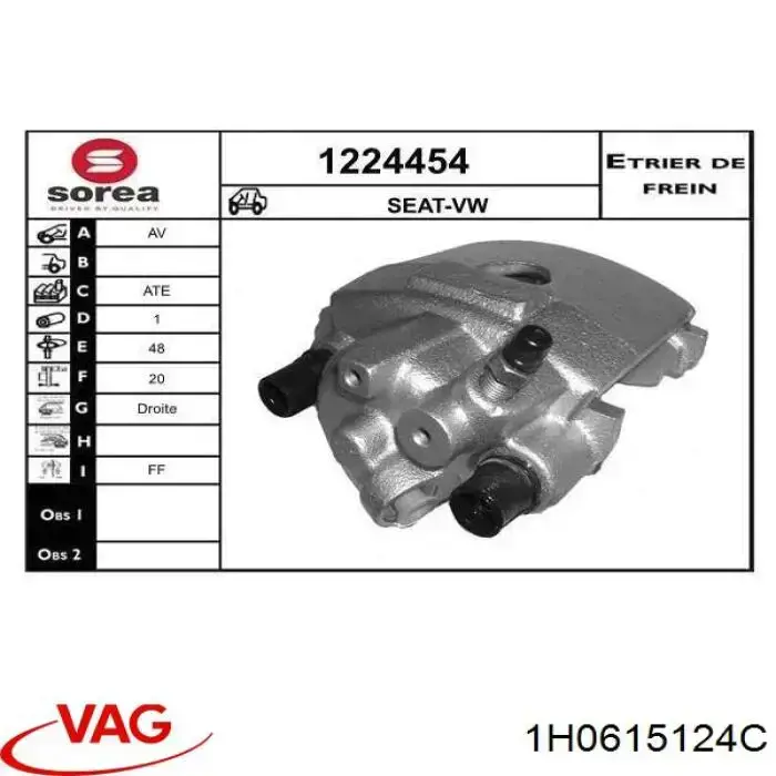 Купить 1H0615124C VAG Суппорт тормозной передний правый