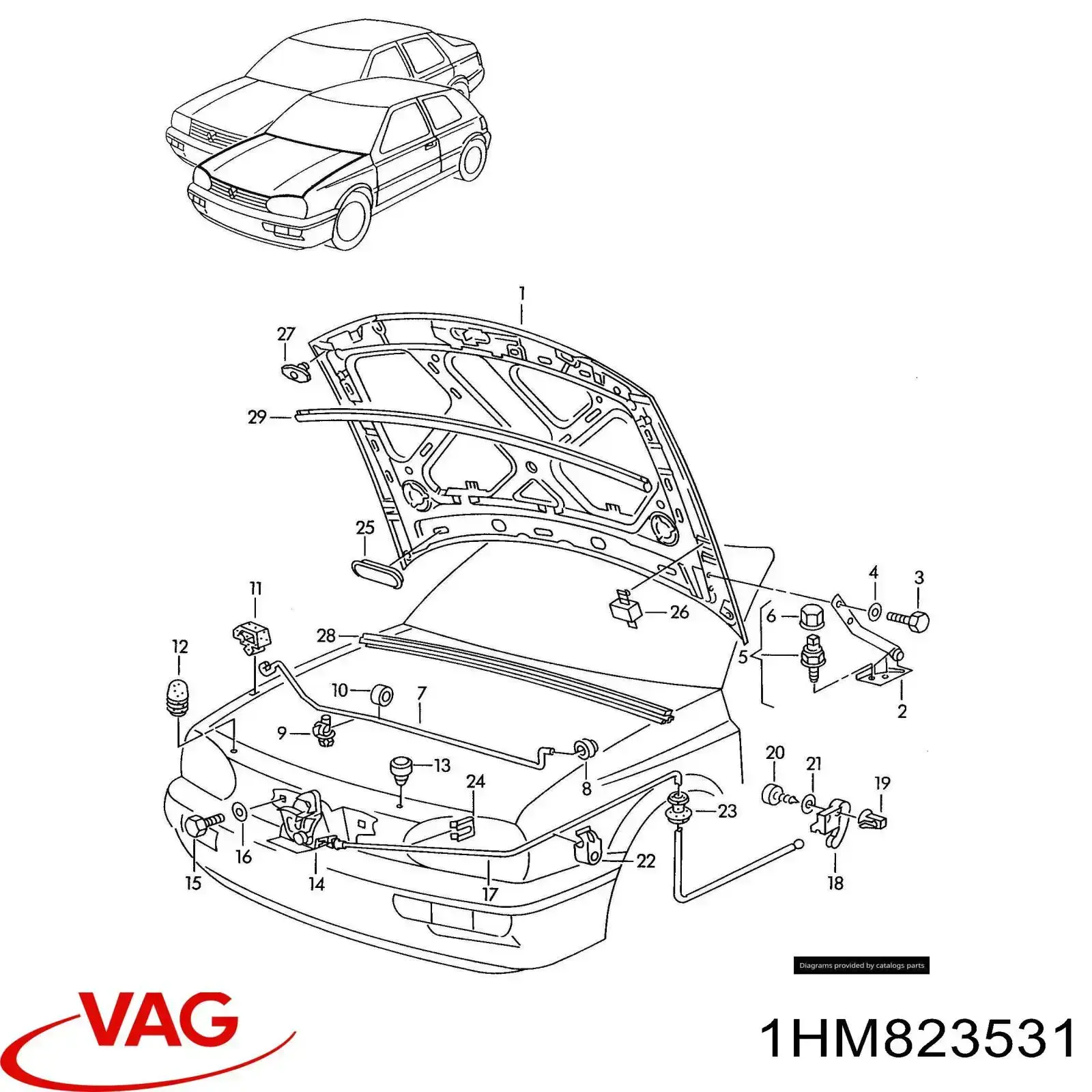 Трос открывания капота 1HM823531 VAG