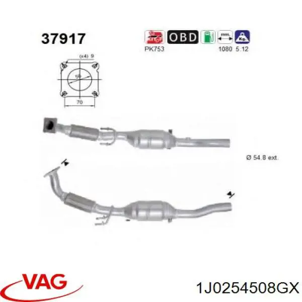 1J0254508GX VAG tubo de admissão dianteiro (calças do silenciador)