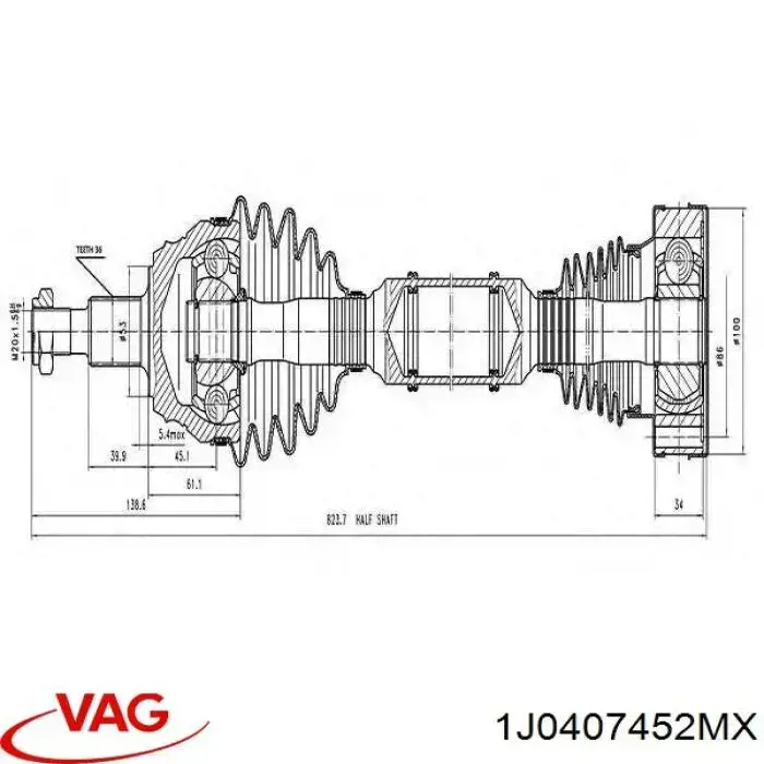 Правая полуось 1J0407452MX VAG