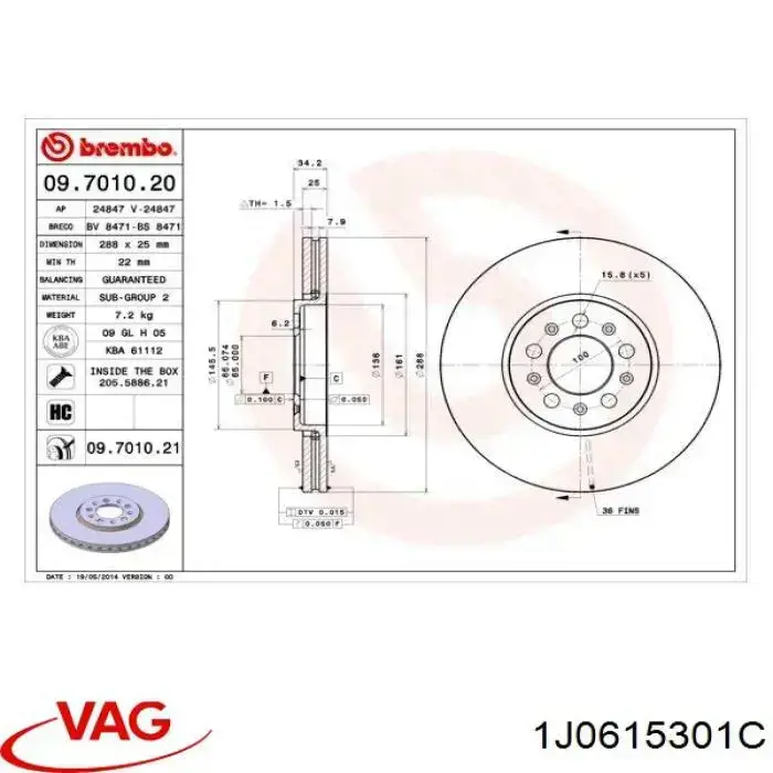 Тормоз дисковый передний VAG 1J0615301C цена, от 48.67 USD
