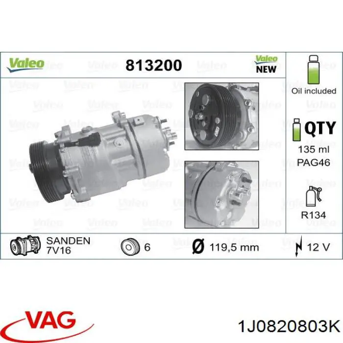 Компрессор системы кондиционирования VAG 1J0820803K цена, от 95.02 USD
