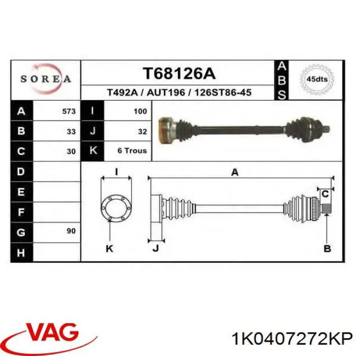 1K0407762HV VAG semieixo (acionador dianteiro direito)