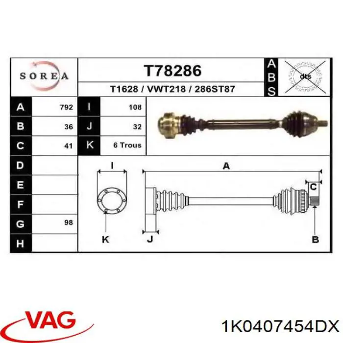 Árbol de transmisión delantero derecho 1K0407454DX VAG