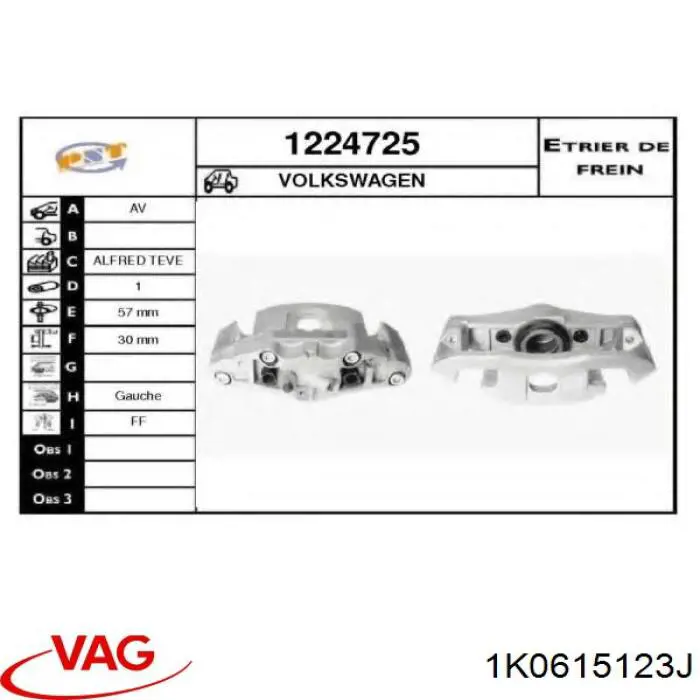 Купить 1K0615123J VAG Суппорт тормозной передний левый