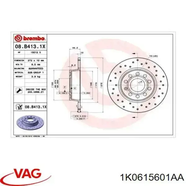 Disco de freno trasero 1K0615601AA VAG/Audi