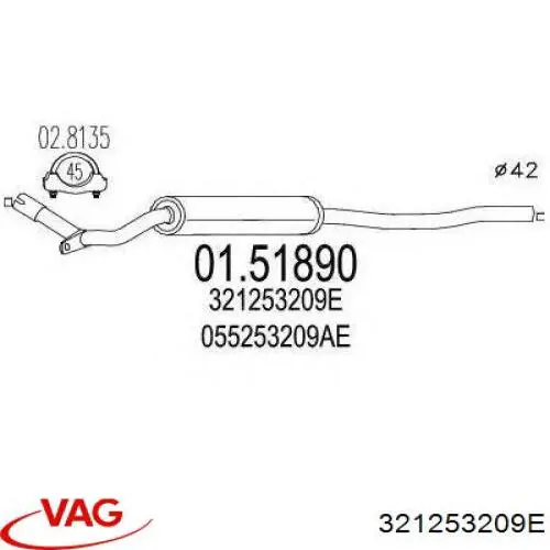 Глушитель, центральная часть VAG 321253209E цена, от 27.35 USD