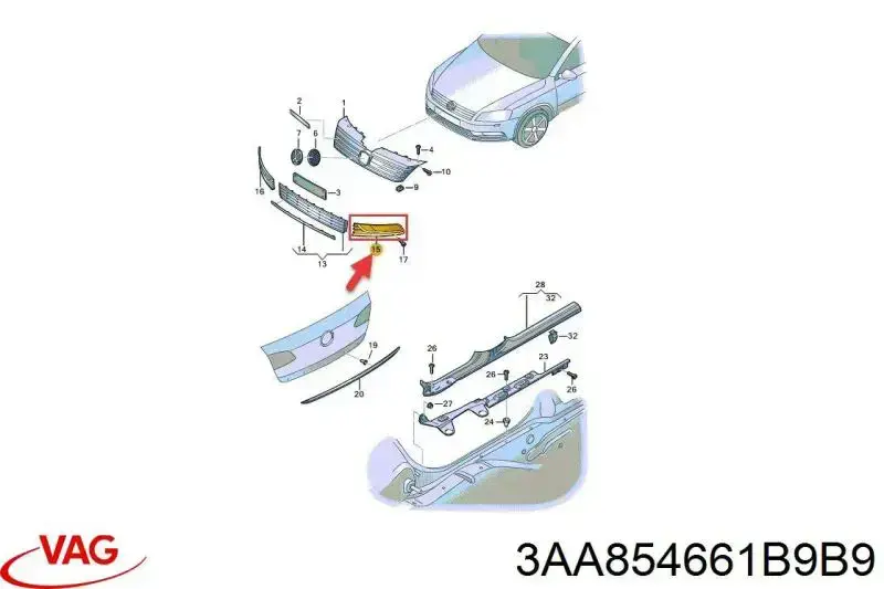 Решетка переднего бампера, левая VAG 3AA854661B9B9 цена, от 36.44 USD