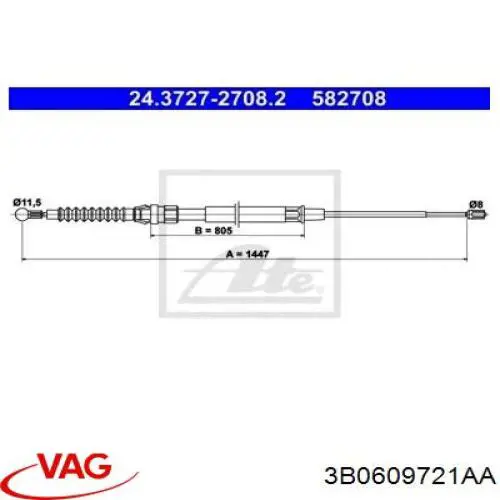 3B0609721AA VAG Трос ручного тормоза задний правый/левый