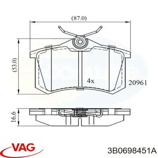 Купить 3B0698451A VAG Колодки тормозные задние, дисковые