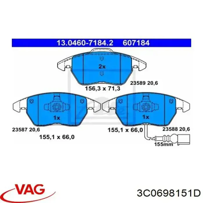 Передние тормозные колодки 3C0698151D VAG