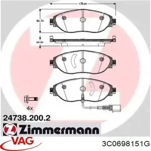 Передние тормозные колодки 3C0698151G VAG