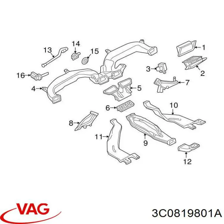 Conduto de ar (distribuidor de ar para "painel de instrumentos") central para Volkswagen Tiguan (5N1, 5N2)