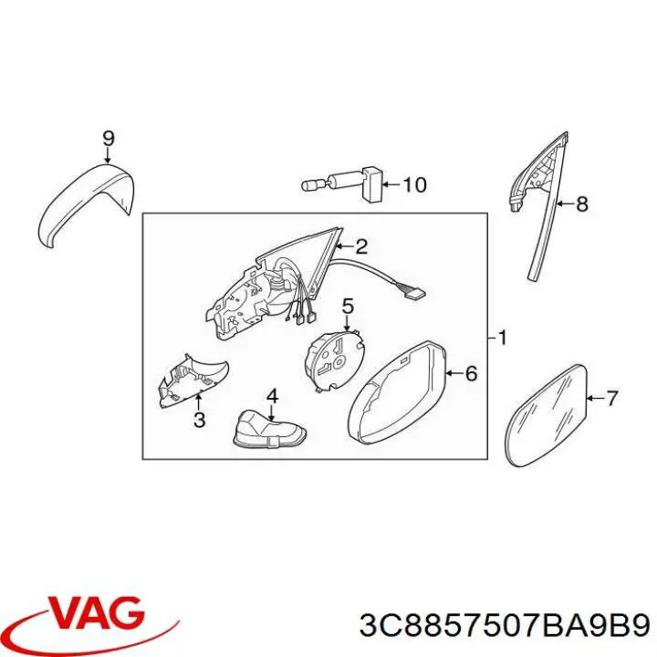Левое боковое зеркало 3C8857507BA9B9 VAG