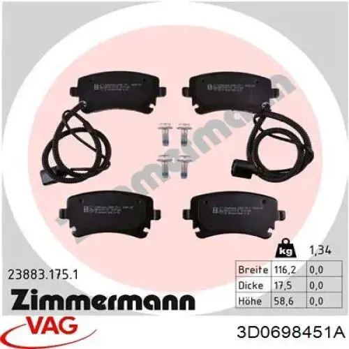 Купить 3D0698451A VAG Колодки тормозные задние, дисковые