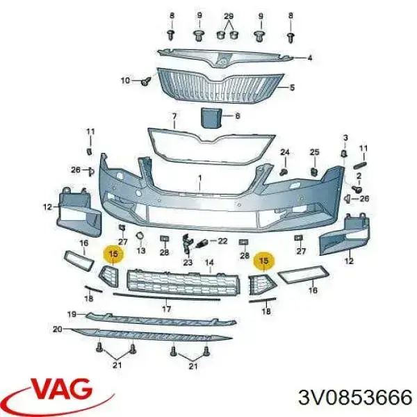 3V0853666 VAG grelha direita do pára-choque dianteiro