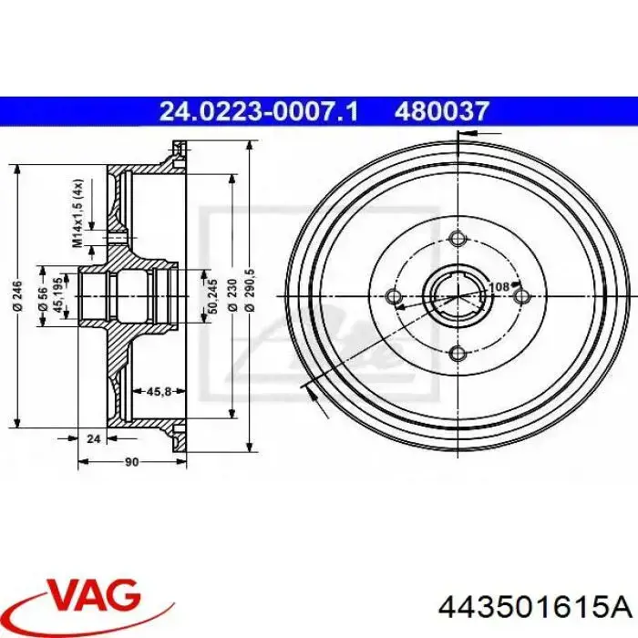 Барабан тормозной задний VAG 443501615A цена, от 42.56 USD