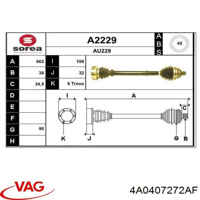 4A0407272DJ VAG Полуось передняя, правая