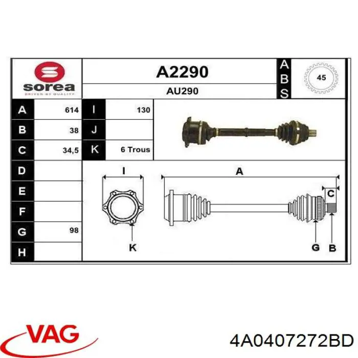 Полуось (привод) передняя левая 4A0407272BD VAG