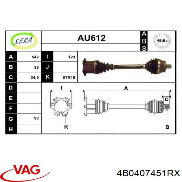 Полуось (привод) передняя 4B0407451RX VAG