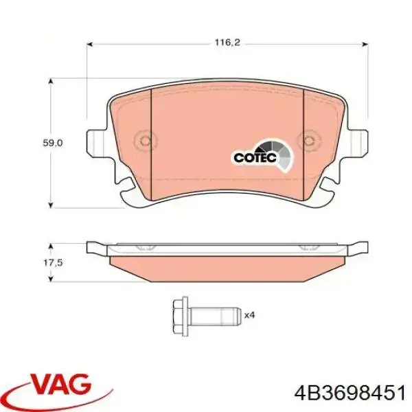 Задние тормозные колодки 4B3698451 VAG