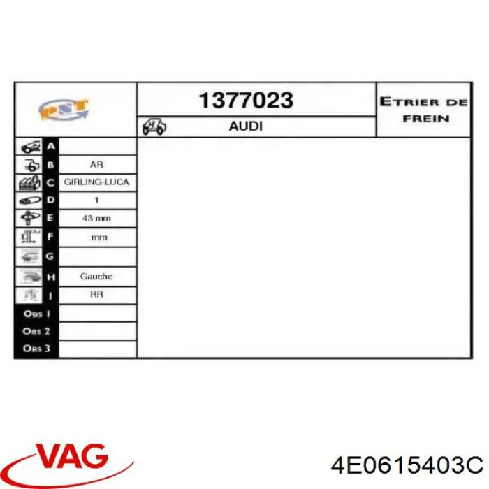 Суппорт тормозной левый задний VAG 4E0615403C