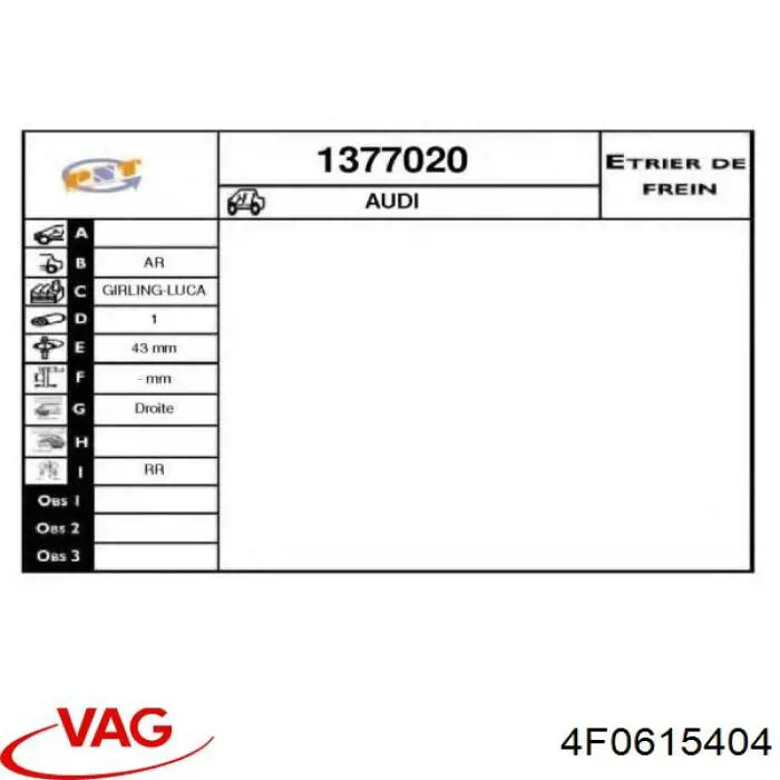 Тормозной суппорт правый задний VAG 4F0615404 цена, от 119.72 USD