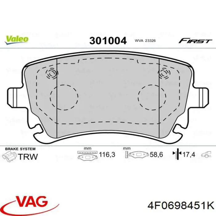 Купить 4F0698451K VAG Колодки тормозные задние, дисковые