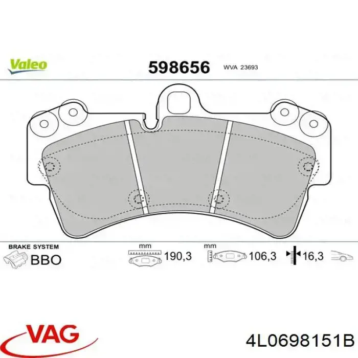 Передние тормозные колодки 4L0698151B VAG