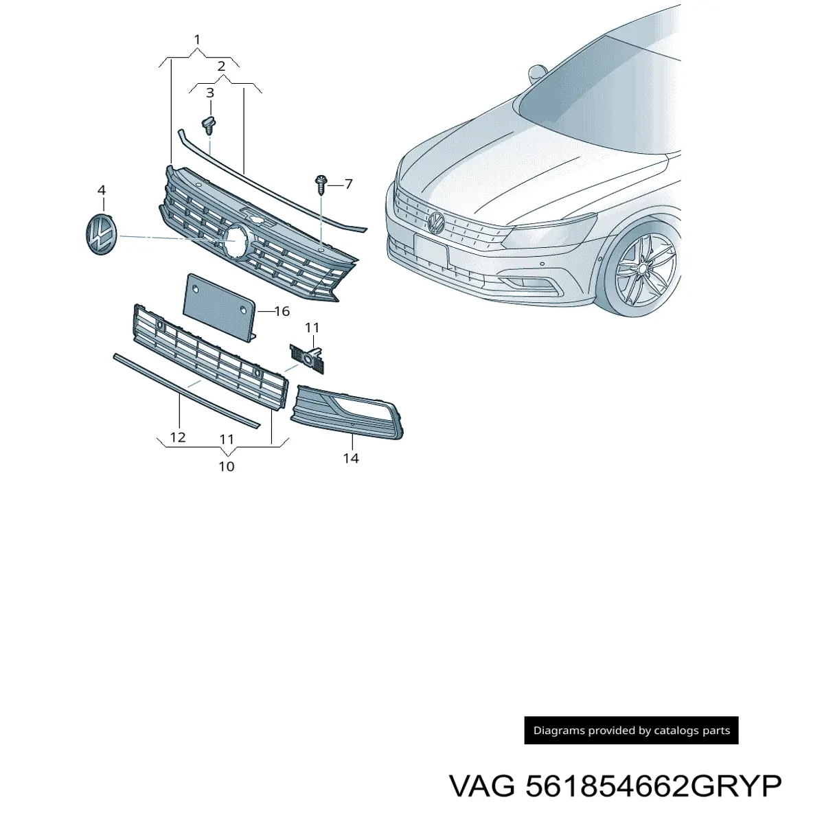 Решетка бампера переднего правая 561854662GRYP VAG