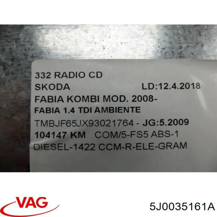 Магнитола (радио AM/FM) VAG 5J0035161A цена, от 15.58 USD