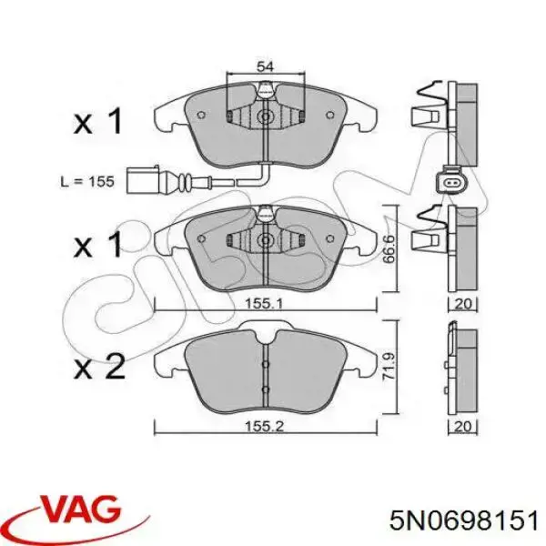 Передние тормозные колодки 5N0698151 VAG
