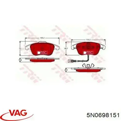 Колодки гальмівні передні, дискові 5N0698151 VAG/Audi