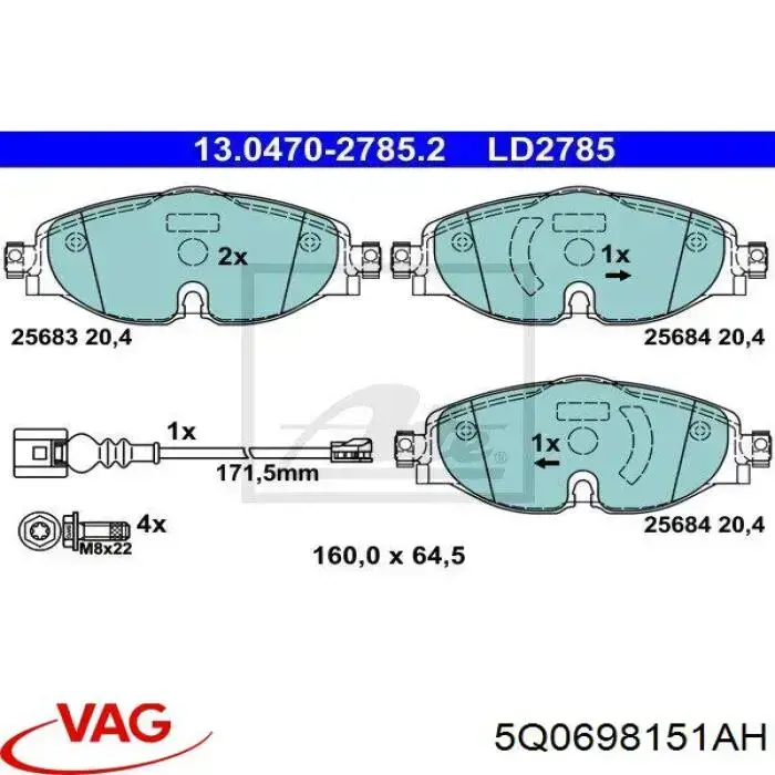 Колодки гальмівні передні, дискові 5Q0698151AH VAG/Audi