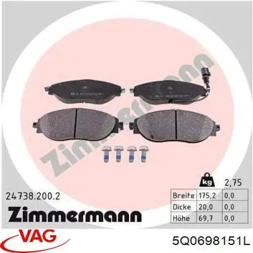 Передние тормозные колодки 5Q0698151L VAG