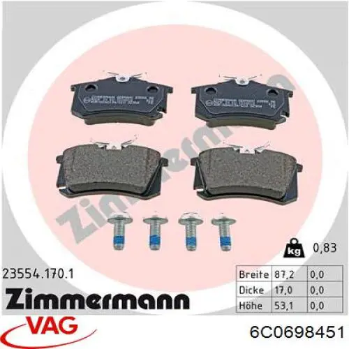Купить 6C0698451 VAG Колодки тормозные задние, дисковые