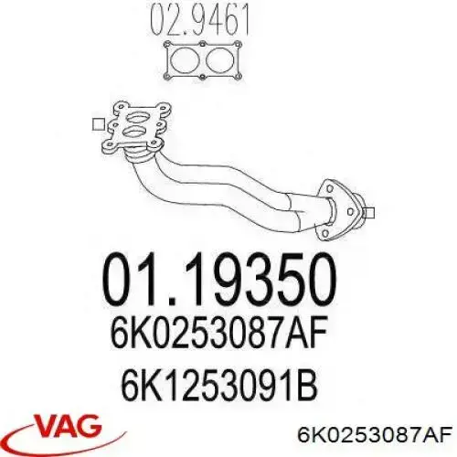6K0253087AF VAG tubo de admissão dianteiro (calças do silenciador)