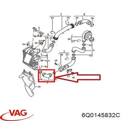 6Q0145832C VAG шланг (патрубок интеркуллера нижний)