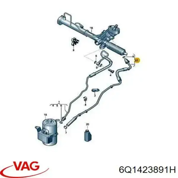 6Q1423891H VAG mangueira da direção hidrâulica assistida de pressão baixa, desde a cremalheira (do mecanismo até o tanque)
