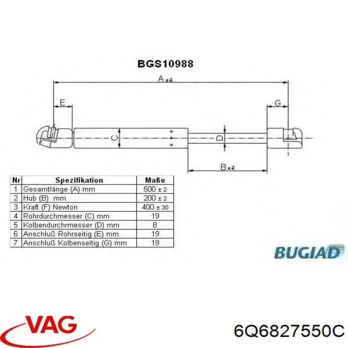 6Q6827550C VAG amortecedor de tampa de porta-malas (de 3ª/5ª porta traseira)