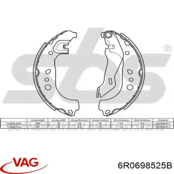 Купить 6R0698525B VAG Задние барабанные тормозные колодки