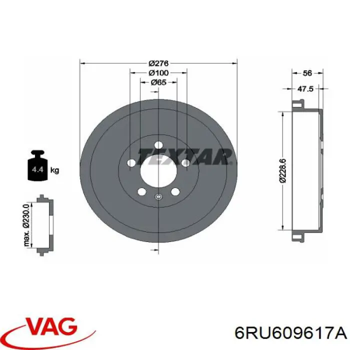 Барабан тормозной задний VAG 6RU609617A цена, от 35.47 USD